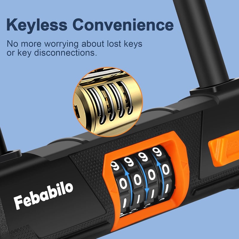 Febabilo Bike Locks Heavy Duty Anti Theft,4 Digit Combination Ebike u Lock with Cut-Proof Security 4FT x 8mm Chain,Combo Large U Shape Lock for Motorcycle,Scooter,Bicycle,Electric,Moped - Image 3